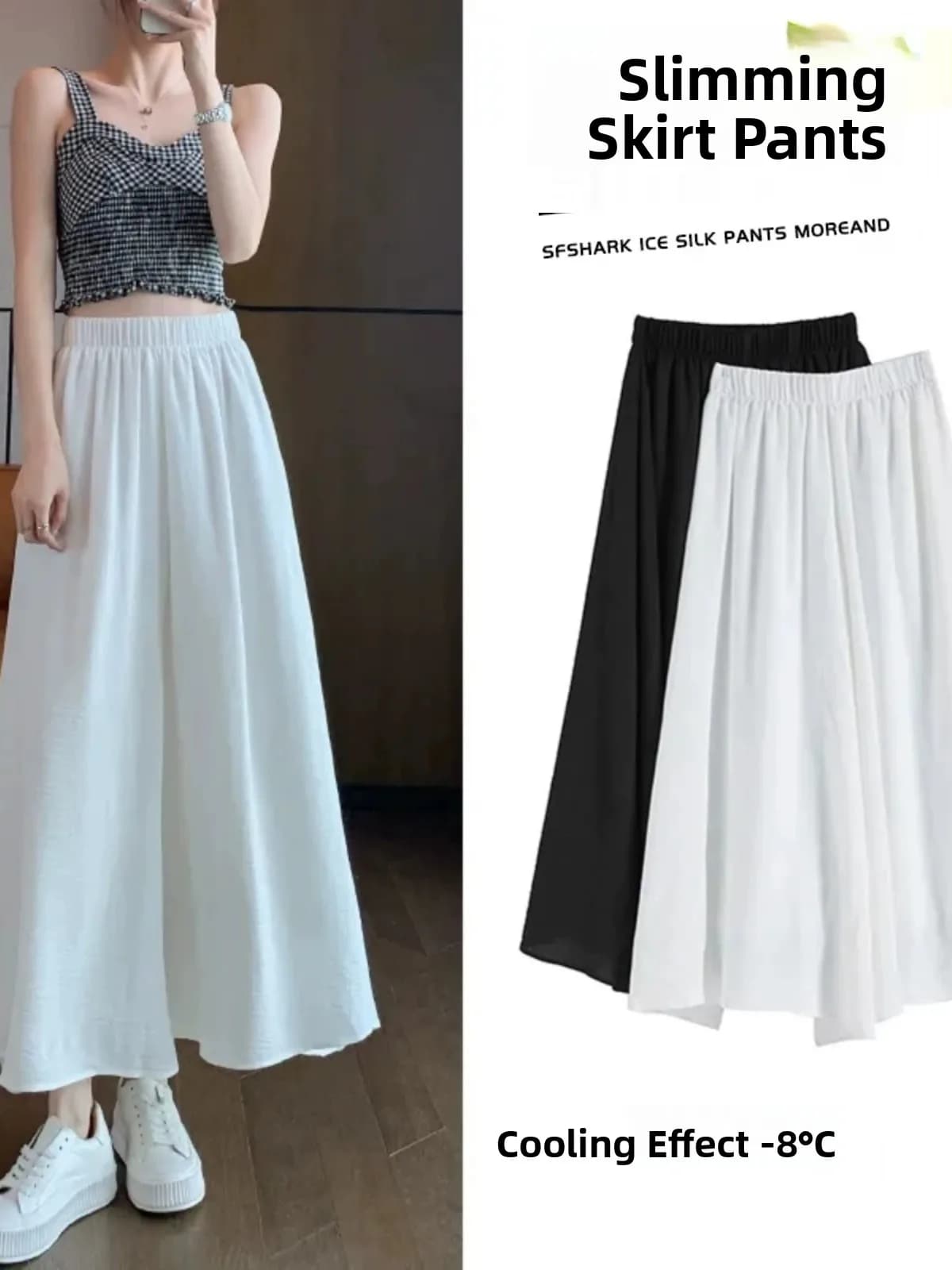 Pantalone a Gamba Larga in Seta Ghiaccio da Donna, Nuovo Modello Estivo a Vita Alta, Drappeggiato, Stile Giapponese Casual, Effetto Snellente, Mezza Gonna