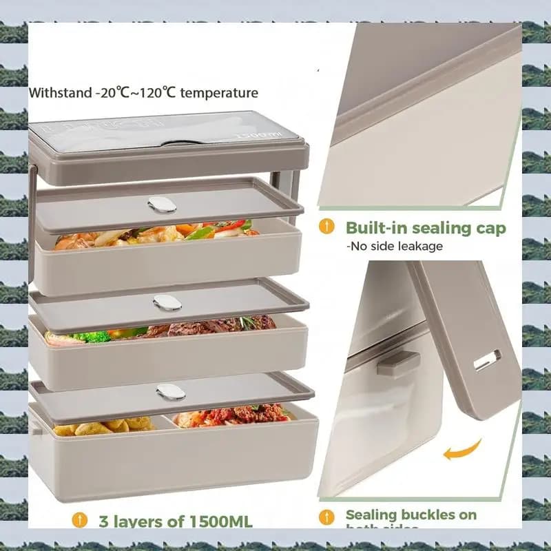 Bento Box da 1500 ml con borsa - Lunch Box a 3 strati con set di posate, contenitore per la preparazione dei pasti 4 in 1 con borsa isolata (beige) Durevole