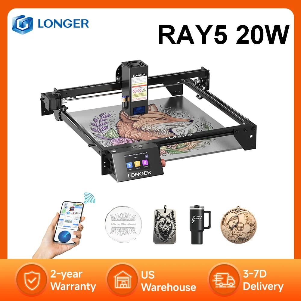 Incisore Laser LONGER RAY5 20W con Touchscreen a Colori da 3.5'', Spot Laser 0.08*0.1mm, Chipset a 32 Bit, Connessione APP, Incisione Offline