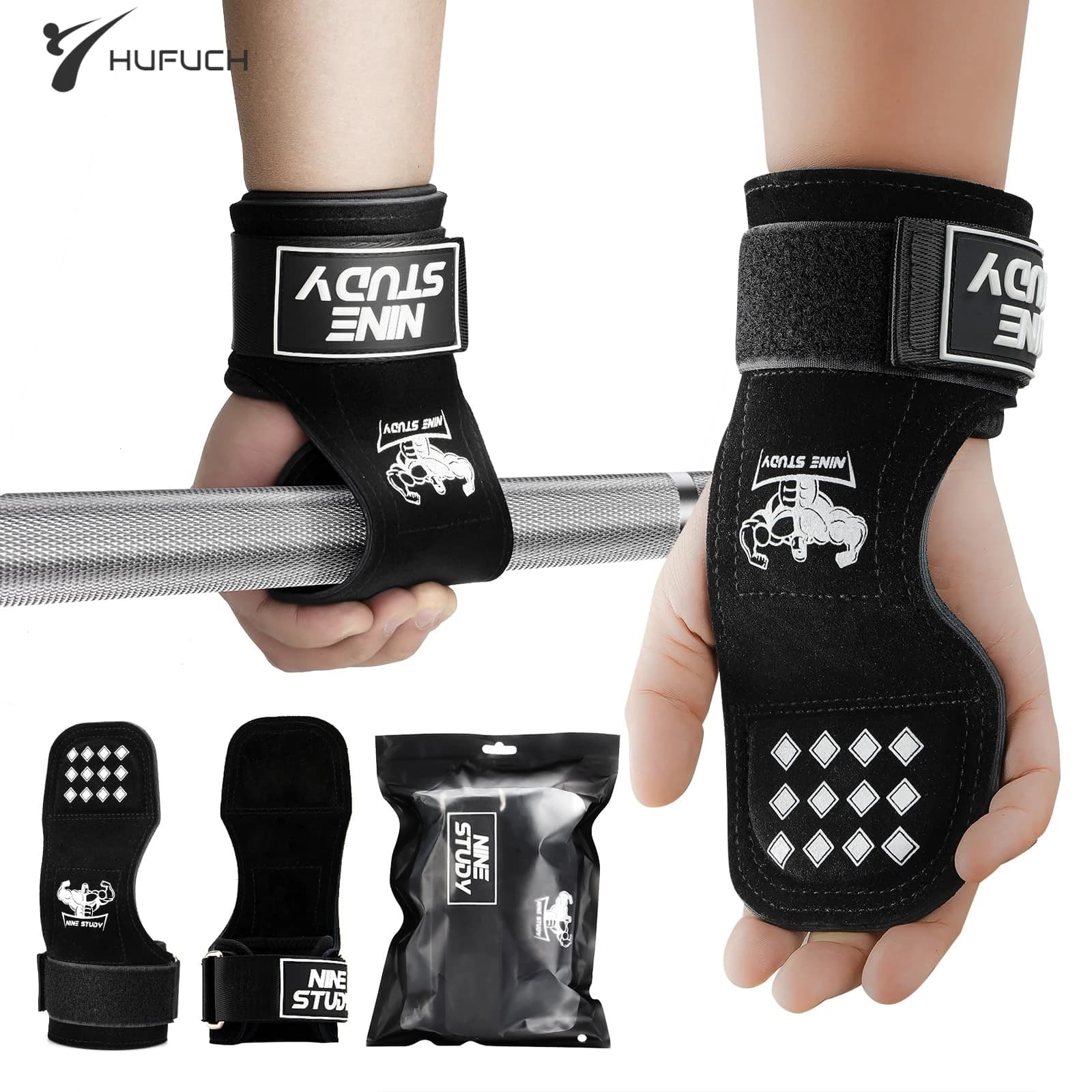 1 pair of fitness gloves for bovina skin anti slip protective bearings for palm feeding belt straps for wrist support for exercise of Deadlift