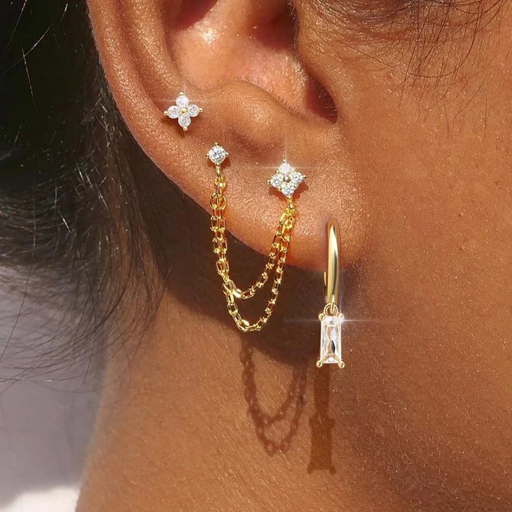 2 pieces stainless steel birthday december earrings square pendants stone zirconia cubic chain flower dangle earrings pencil jewelry