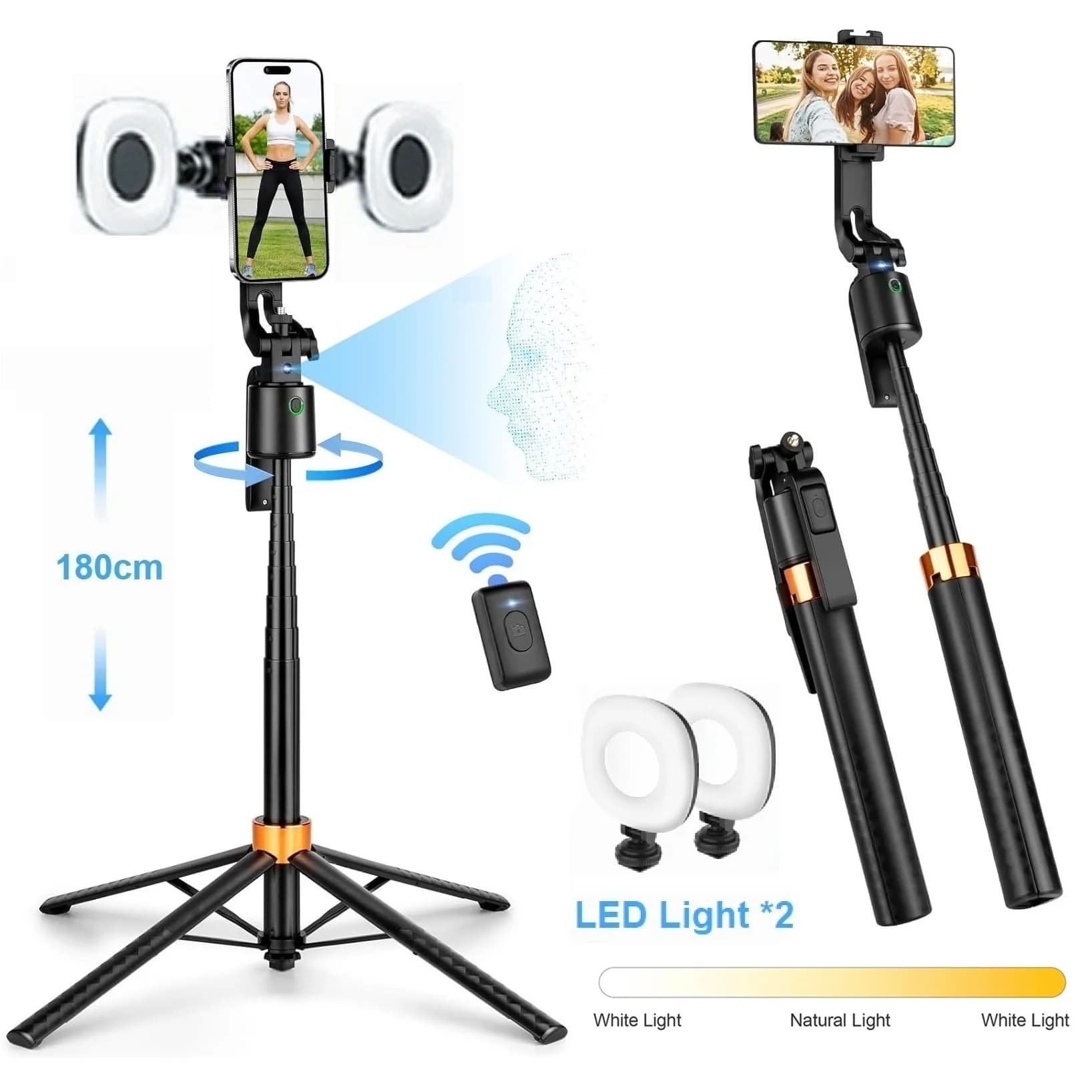 Bastone per selfie da 180 cm con tracciamento automatico del viso a 360° ° Treppiede con Gimbal Rotante per Smartphone e Fotocamera, con Telecomando Bluetooth per Scatti