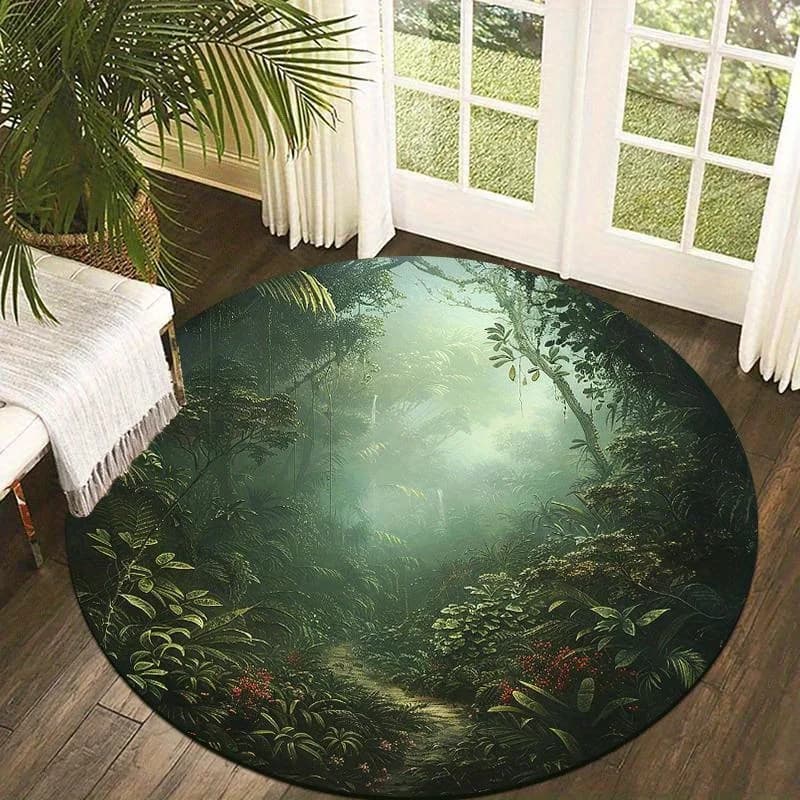Round Carpet with Motivo Foresta Pluviale, Floor Mat with Jungle Path, Unique Decoration for Zen Yoga Room, Opening Gift House with Anti-slip Base
