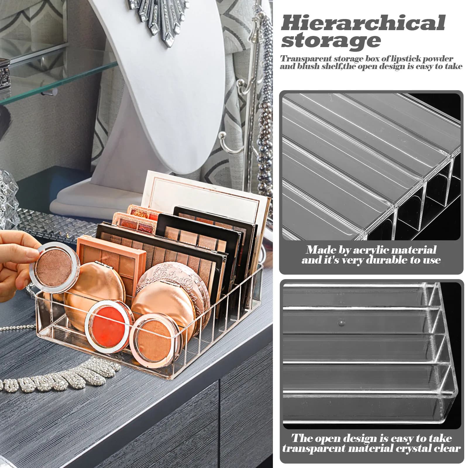 Organizer per ombretti in acrilico trasparente con design a scomparti per un facile accesso alle palette di trucco, organizer da toeletta