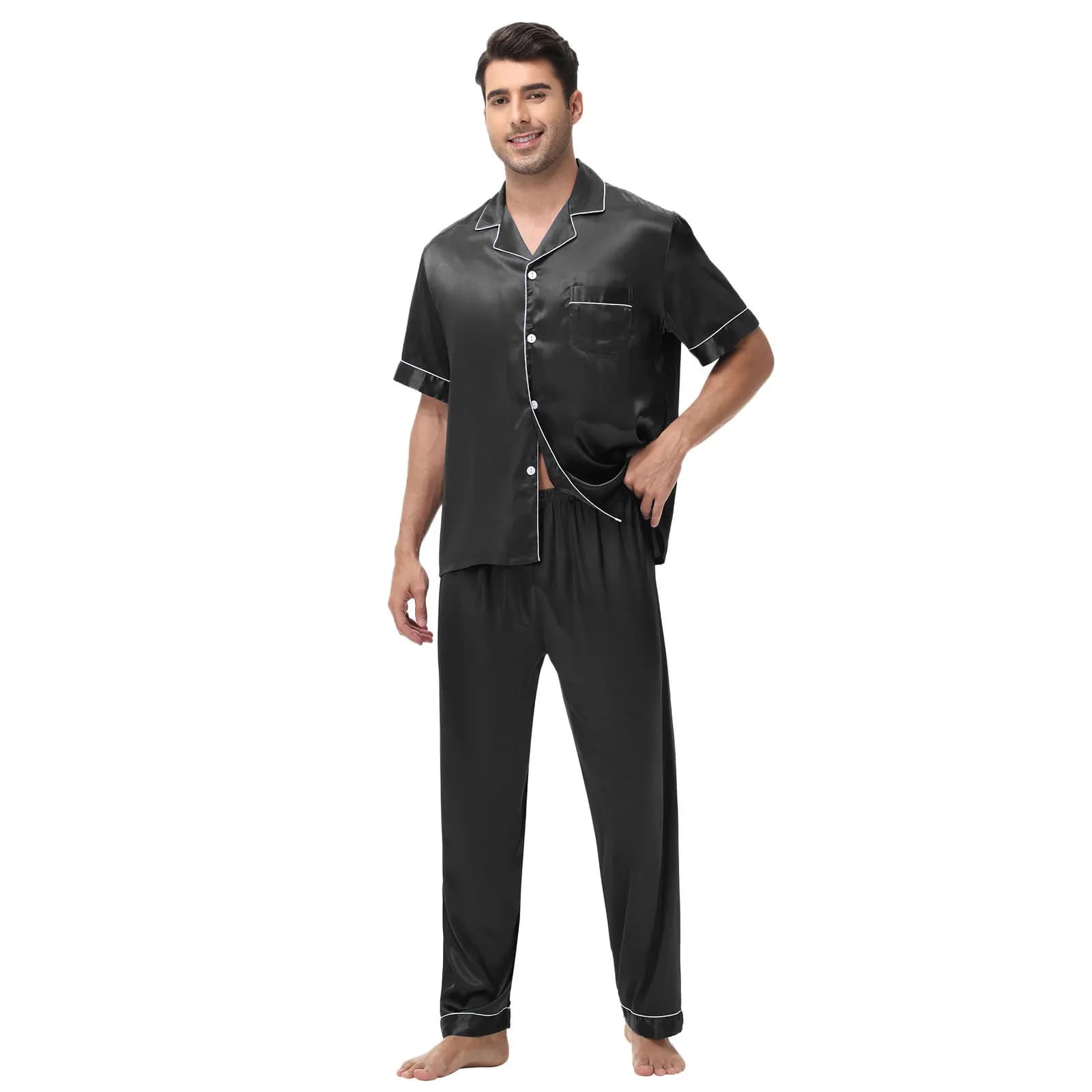 Men's Silky Solid Color Lapel Short Sleeve & Long Pants Elegant Pajama Set Comfortable Skin-friendly Style Pajamas For Men's