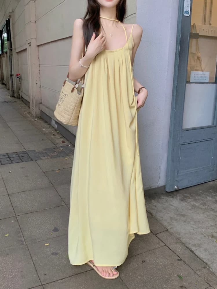 Summer Vacation Style Yellow Loose A-Line Dress Women's Strapless Gown Elegant Casual Age-Defying Fashion Outfit for Ladies