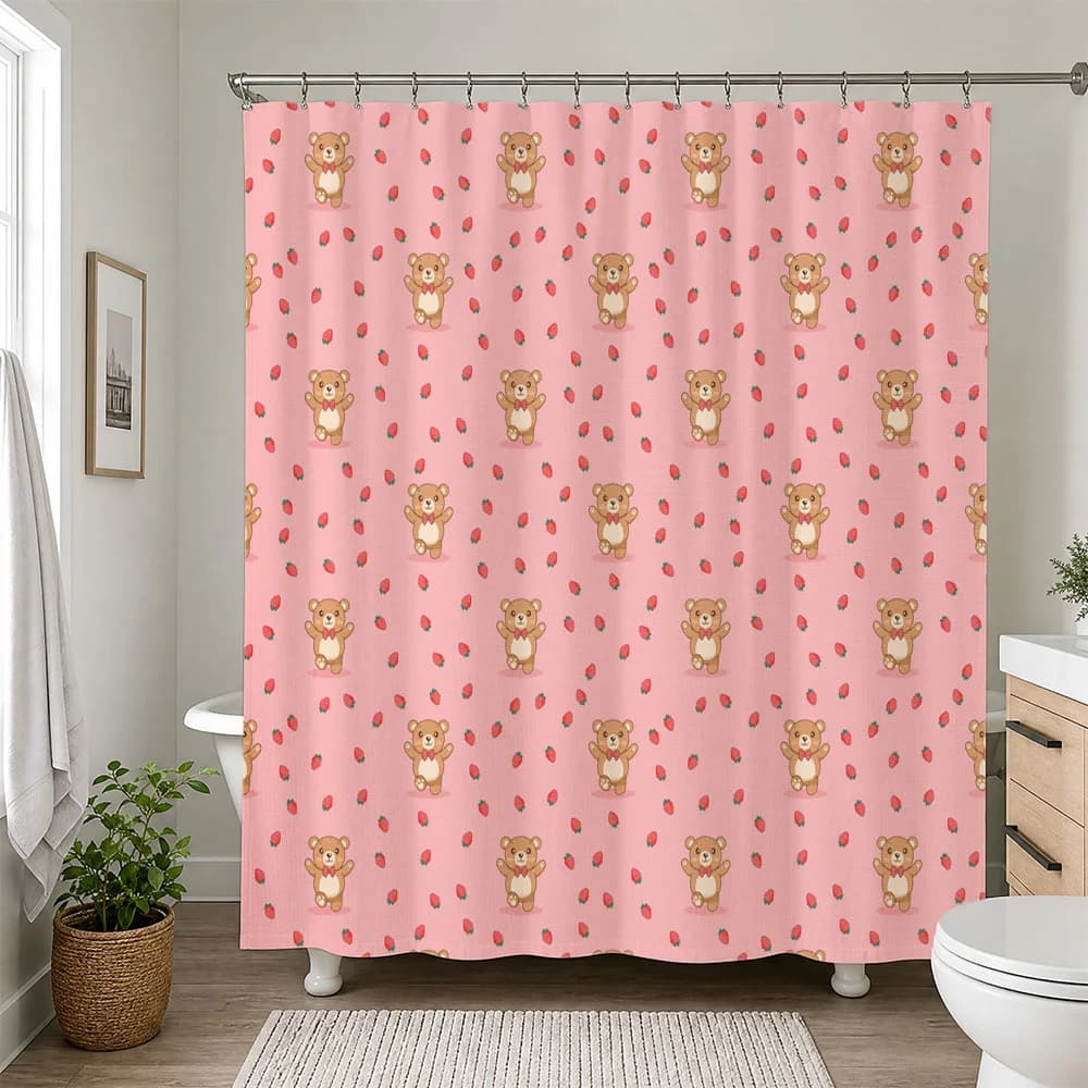 Cute Strawberry Bear Pattern Waterproof Shower Curtain Liner for Bathroom Decor Kids Shower Room Accent Pink Home Accent