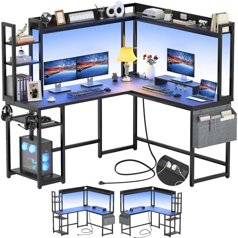 Scrivania a L con presa di corrente, scrivania da gaming illuminata a LED con ripiano superiore, scrivania da ufficio reversibile, scrivania per computer con supporto per monitor