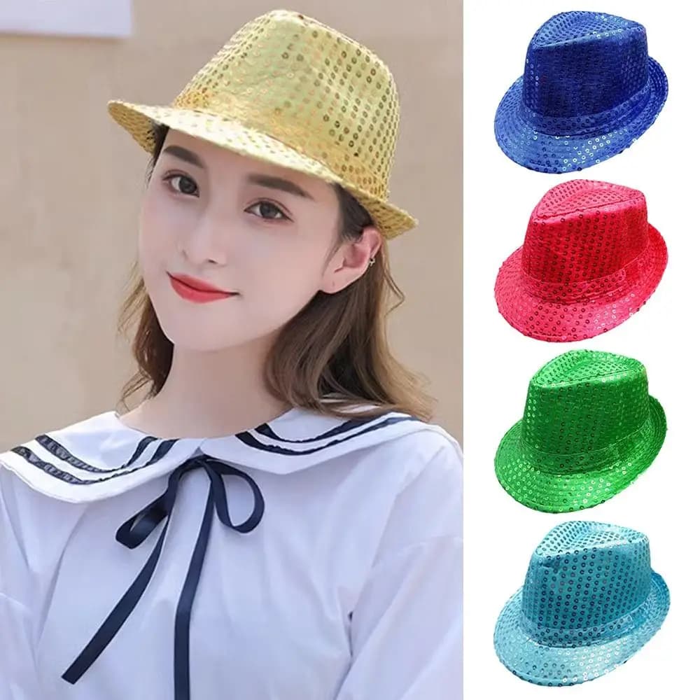 Durable Sequins Jazz Hat Shiny Cosplay Panama Cap Stage Masquerade Dance Performance Hat Holiday