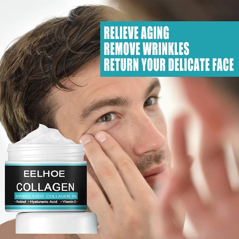 Collagen creams for men, smoothing, anti-wrinkles, firming, moisturizing, with hyaluronic acid, illuminating, for facial skin care.