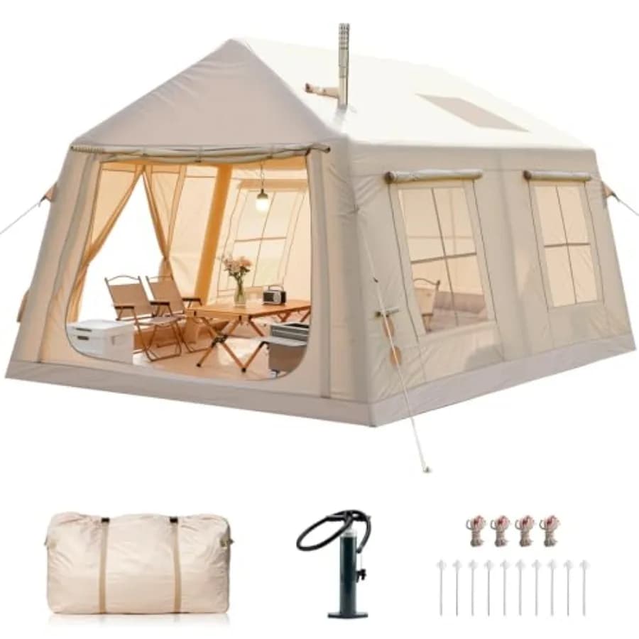 Inflatable Tents for Camping: PVC-coated polyester, olive green, rapid 5-minute inflation with integrated stove jack and winter