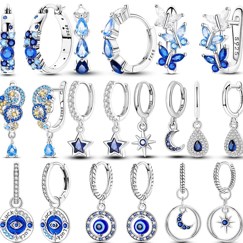 Original 925 Sterling Silver Fire Dragon Sun Moon Stars Shine Long V-shaped Blue White Twisted Earrings For Women Jewelry Gifts