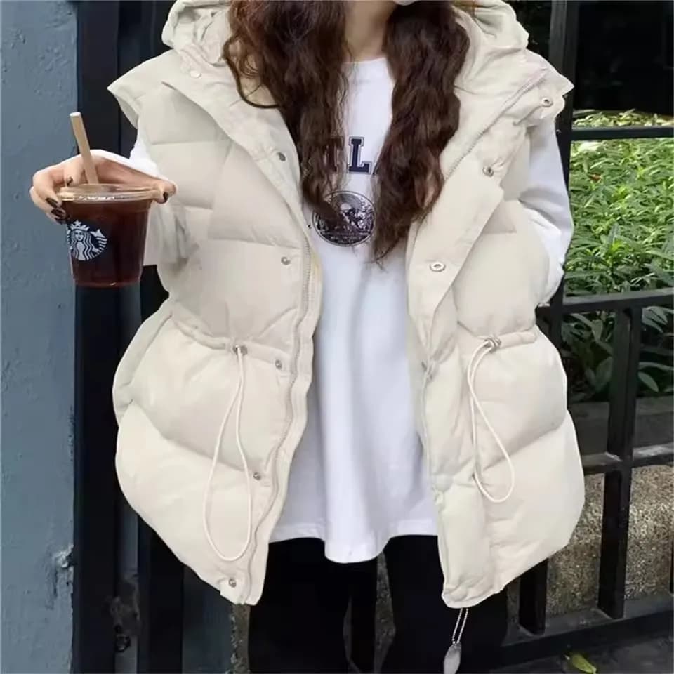 2025 Fashion Adjustable Waistcoats Solid Cotton Vest Jacket Women New Autumn Winter Hooded Waistcoat Warm Thicken Cotton Sleev