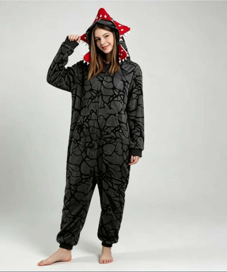 Men Women Horror Monster Demogorgon Style Cosplay Onesie Coral Fleece Hooded Plush Pajamas Halloween Party Costume