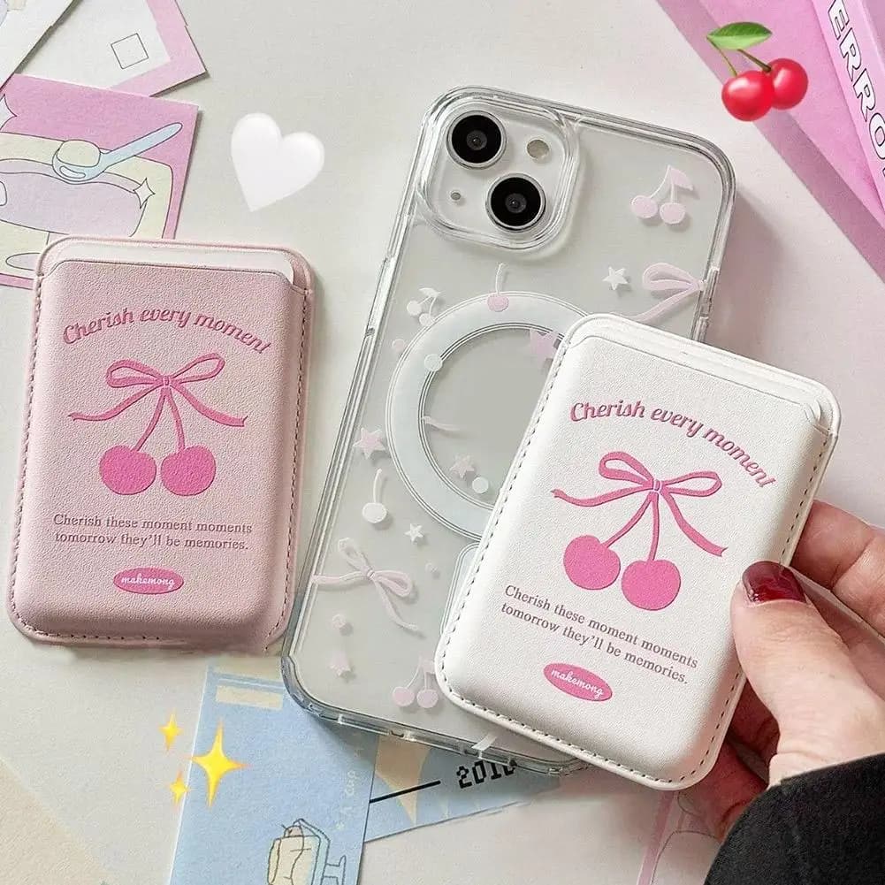 Porta carte magnetico per iPhone Mag‑Safe Bowknot in pelle PU, grazioso portafoglio per carte da coppia, custodia portatile sottile per carte da appendere al retro del telefono