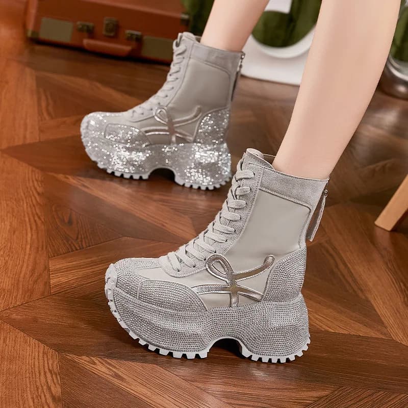 High Fashion Boots with Women's Thick Sole Autumn New Leather Boots Comfort Strass Trendy Casual Height Increase Shoes 10 cm
