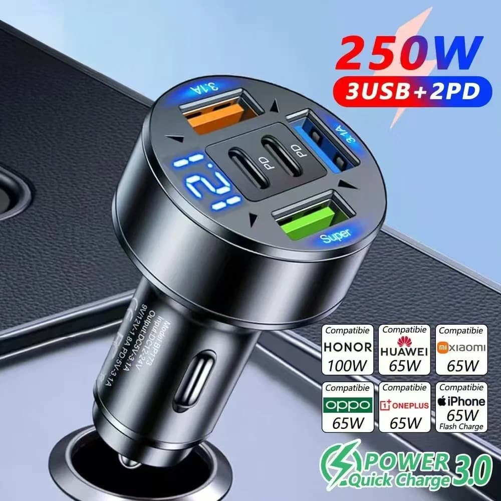 Caricabatterie per Auto 5-in-1 con Ricarica Rapida USB C, Adattatore Multi-Porta per Accendisigari