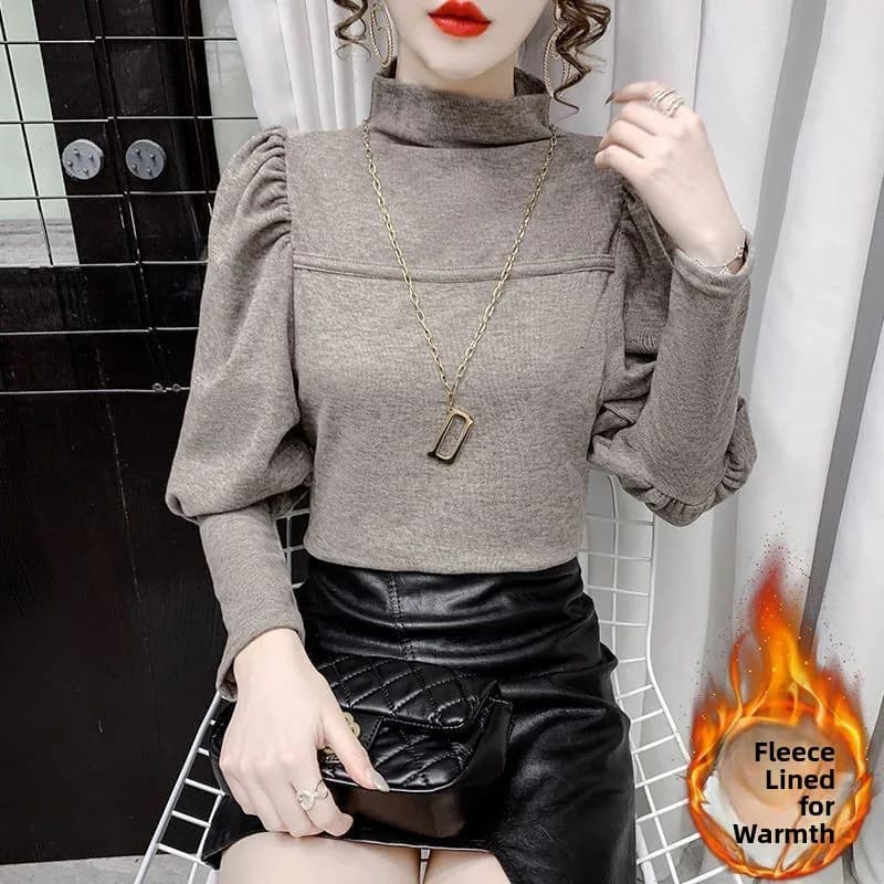 Thickened Fleece Half High Collar Women's Fashionable New Style Autumn Winter Bubble Sleeve Long Sleeve T-Shirt Casual Style ...