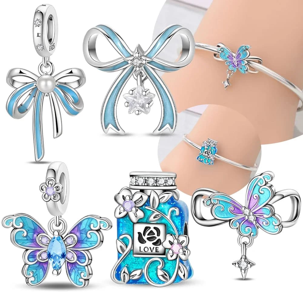 Blue Dreamy Romantic Butterfly Perfume Bottle Original 925 Silver Charms Beads Fit Bracelet Women Jewelry Accessory Gift Set