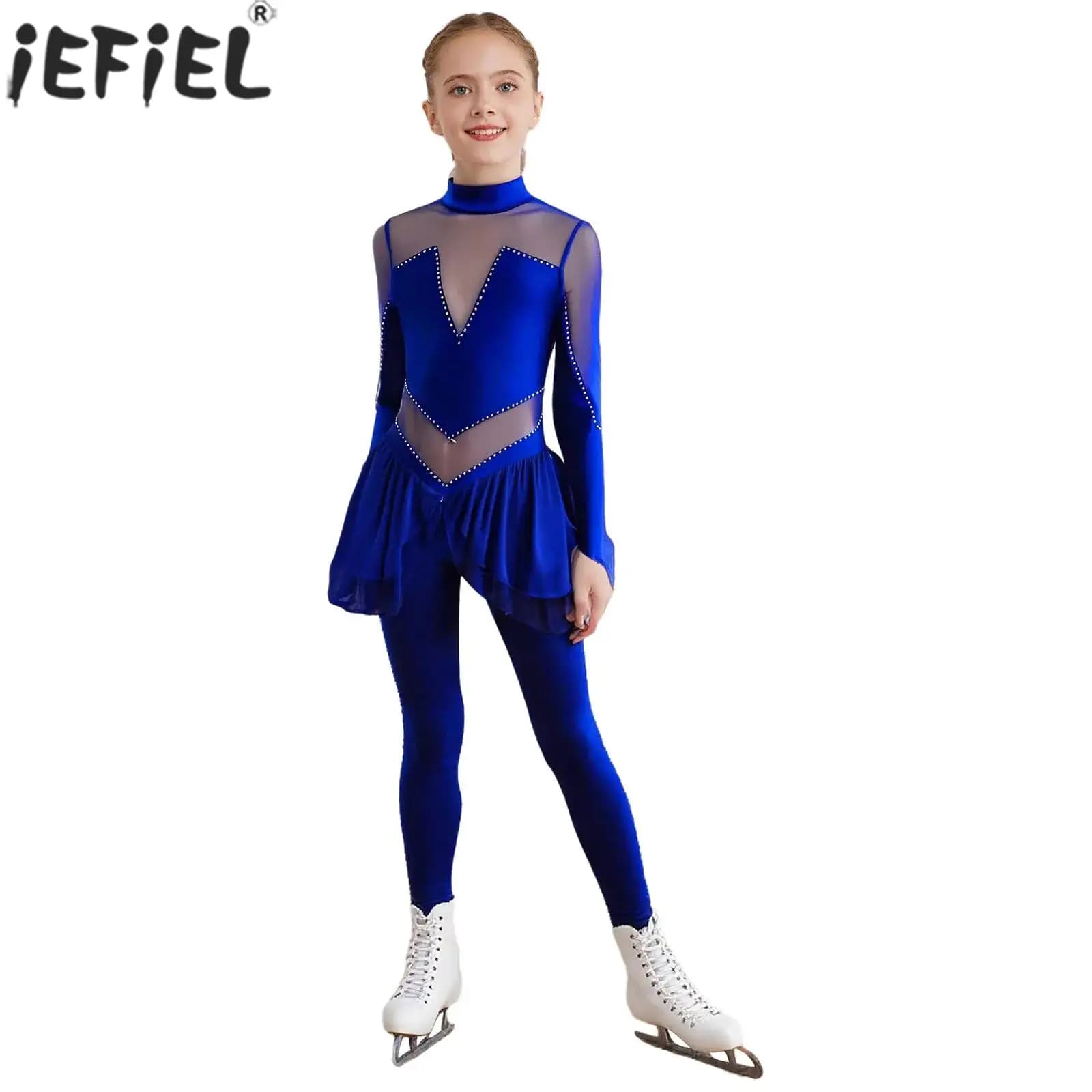 Ragazze Strass lucidi Figura Pattinaggio su ghiaccio Balletto Danza Tuta Manica lunga Sheer Mesh Ginnastica Body Acrobazia Body