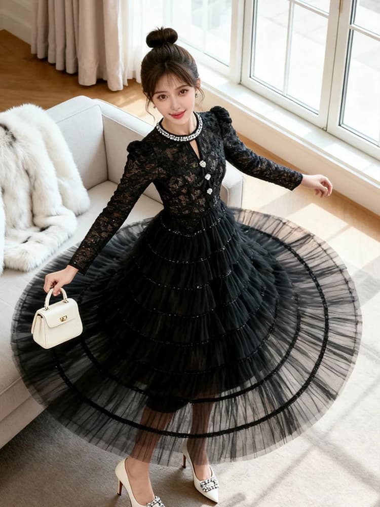 Abito da Sera Nero da Donna, Elegante Vestito Midi in Pizzo a Maniche Lunghe, Linea A, per Feste Formali e Compleanni