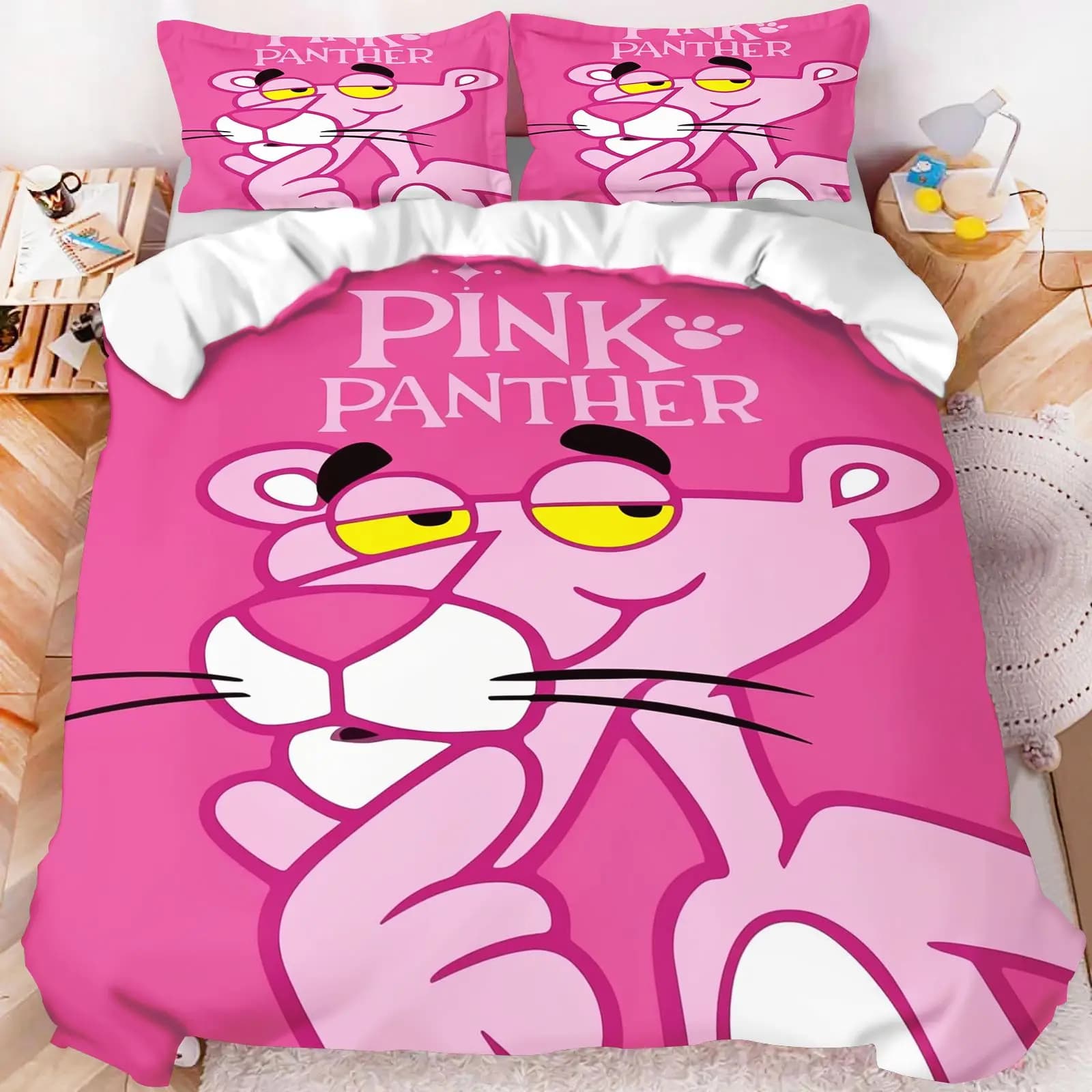 Pink Panther Cartoon Duvet Cover Bedding Set Hot Pink Background Print Pillowcase Cute Girls Bedroom Quilt Cover Christmas