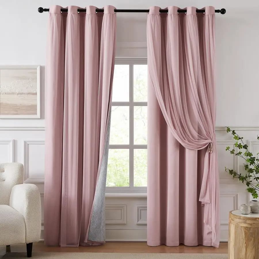 Darkening curtains for bedroom, double layer pink curtains, 84 inch long darkening curtain with transparent overlap for living room, Ro