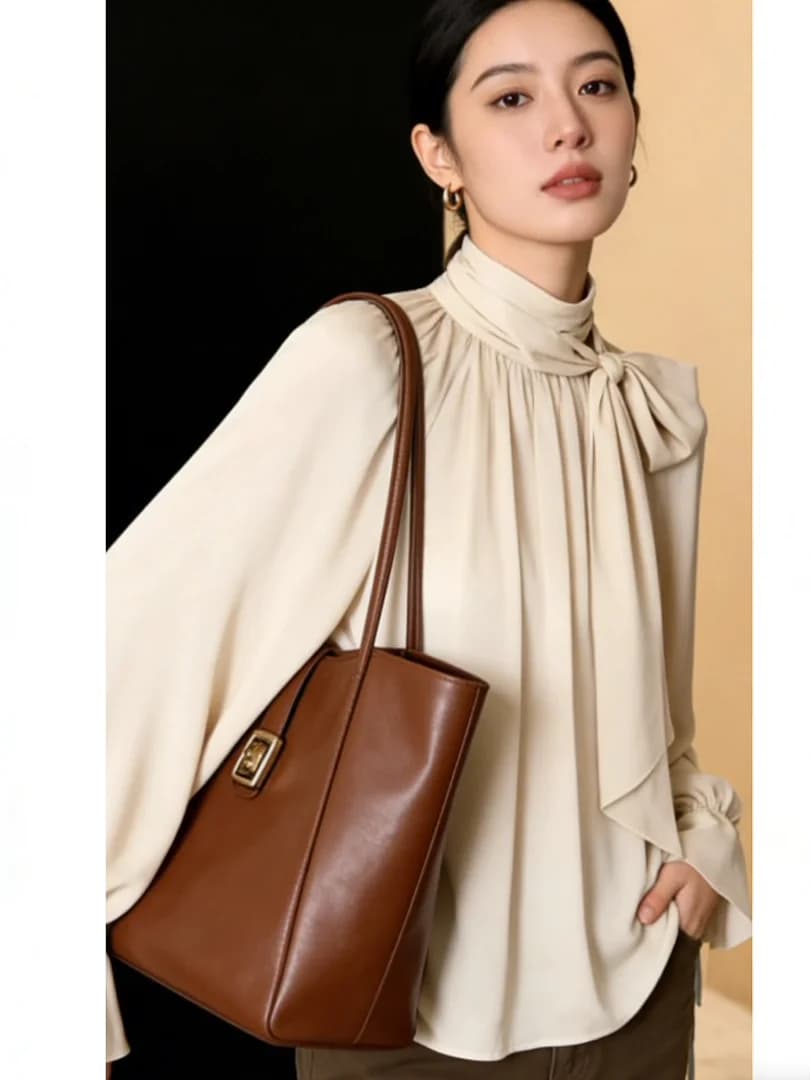Chic Spring Collection Women's Gentle Style Stand Collar Knot Chiffon Top Lantern Sleeve Long Sleeve Fashionable Ve...