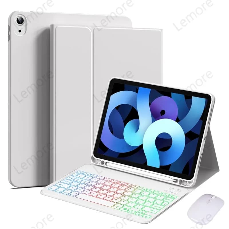 Custodia per tablet con tastiera retroilluminata arcobaleno per iPad Air 5a generazione, Air 4a generazione, custodia da 10,9 pollici con slot per matita e supporto.