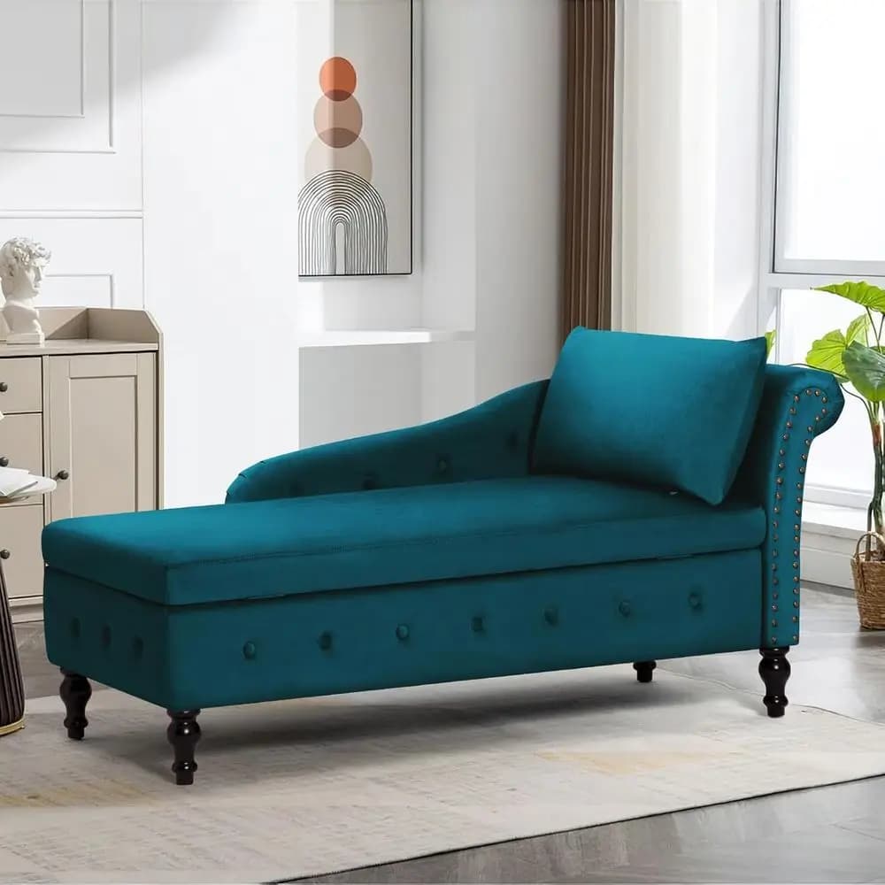 Chaise longue imbottita con bracciolo destro e cuscino lombare, divano lounge con bottoni e contenitore, sedia lounge da interno, in velluto