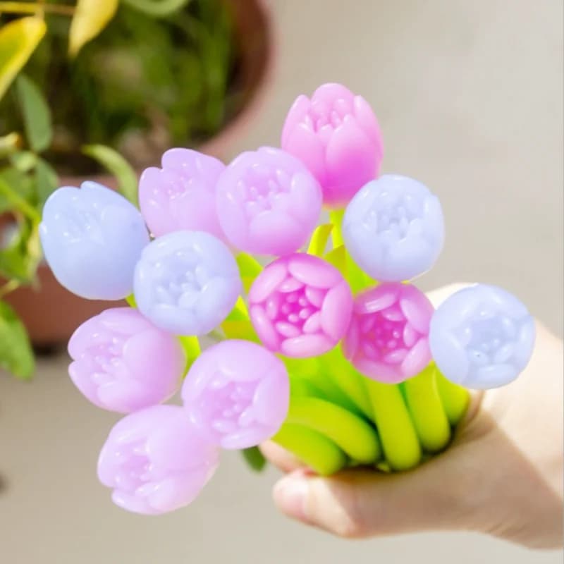 Set di 3 Penne Gel con Fiori Sfumati, Rosa e Tulipano, Inchiostro Nero 0.5mm, Penne Neutre per Studenti, Cancelleria