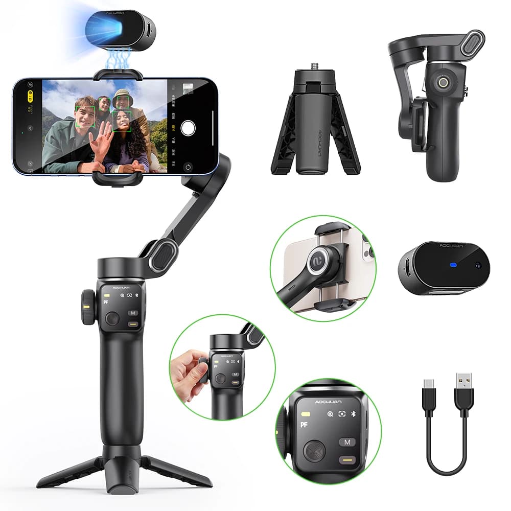 AOCHUAN Portable Travel Anti-Vibration Cardanic Stabilizer Selfie Stick Support for phone with facial tracking for iPhone Android shooting