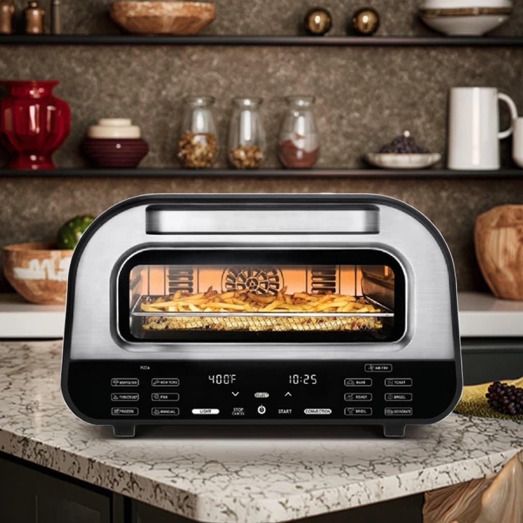 Forno elettrico per pizza da interno da 12 pollici 800 ° Friggitrice ad aria F Griglia a 6 preimpostate Controsoffitti senza fumatori Tostapane domestico in acciaio inossidabile
