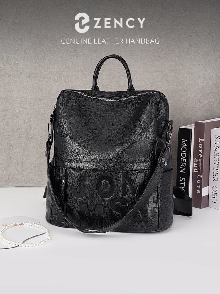 Zency Premium Genuine Leather Letter Backpack Multi-pocket Day Pack Travel Convertible Shoulder Bag for Fall Winter Black Grey