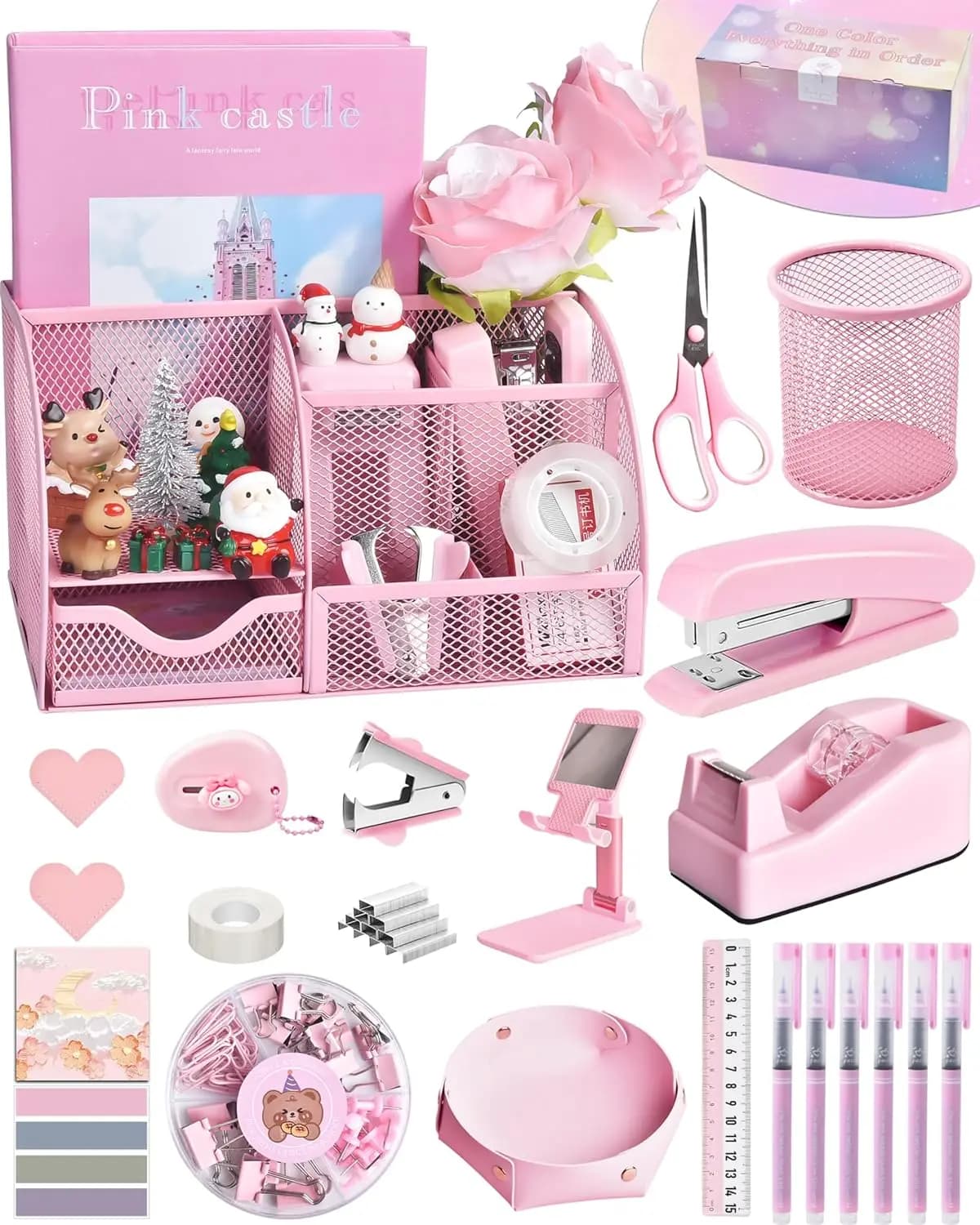 Set di Accessori da Scrivania Rosa, 24 Pezzi di Articoli per Ufficio con Dispenser per Nastro Adesivo e Graffettatrice, Confezione Regalo