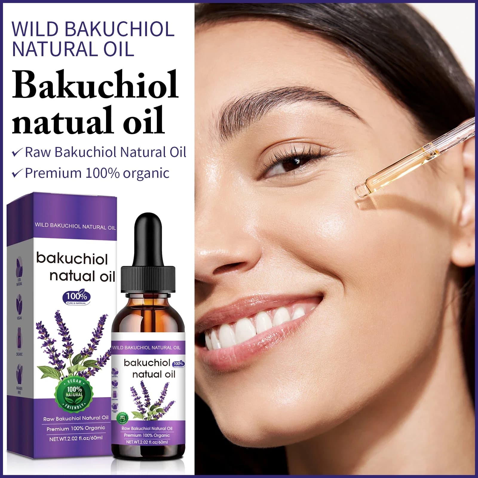 Olio Viso Botanico Anti-Età 60ml - Formula con Bakuchiol e Lavanda, Alternativa Naturale al Retinolo per una Pelle Radiosa