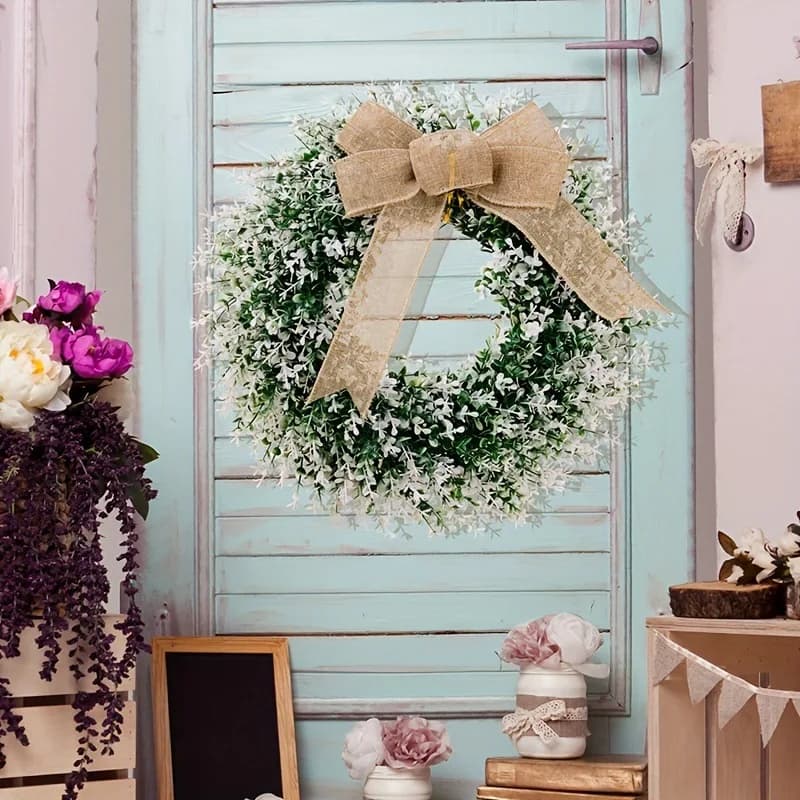 Ghirlanda di piante con foglie verdi artificiali con fiocco in lino, decorazione per porta d'ingresso da 15,7 pollici con ciondolo a forma di ghirlanda di foglie verdi con fiocco in lino,