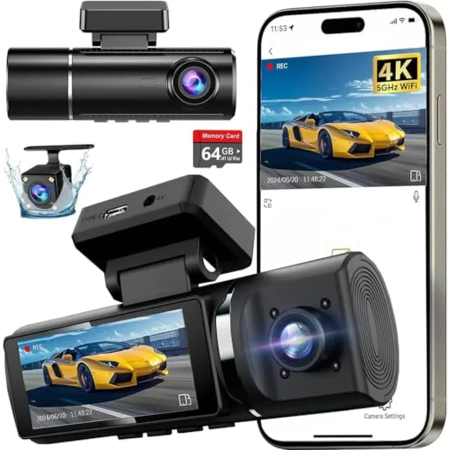 Sistema di telecamere per auto: 3 canali 4K frontali + doppia telecamera posteriore 1080P, lega di alluminio argento, WiFi 5G integrato, registrazione in loop, parcheggio 24H