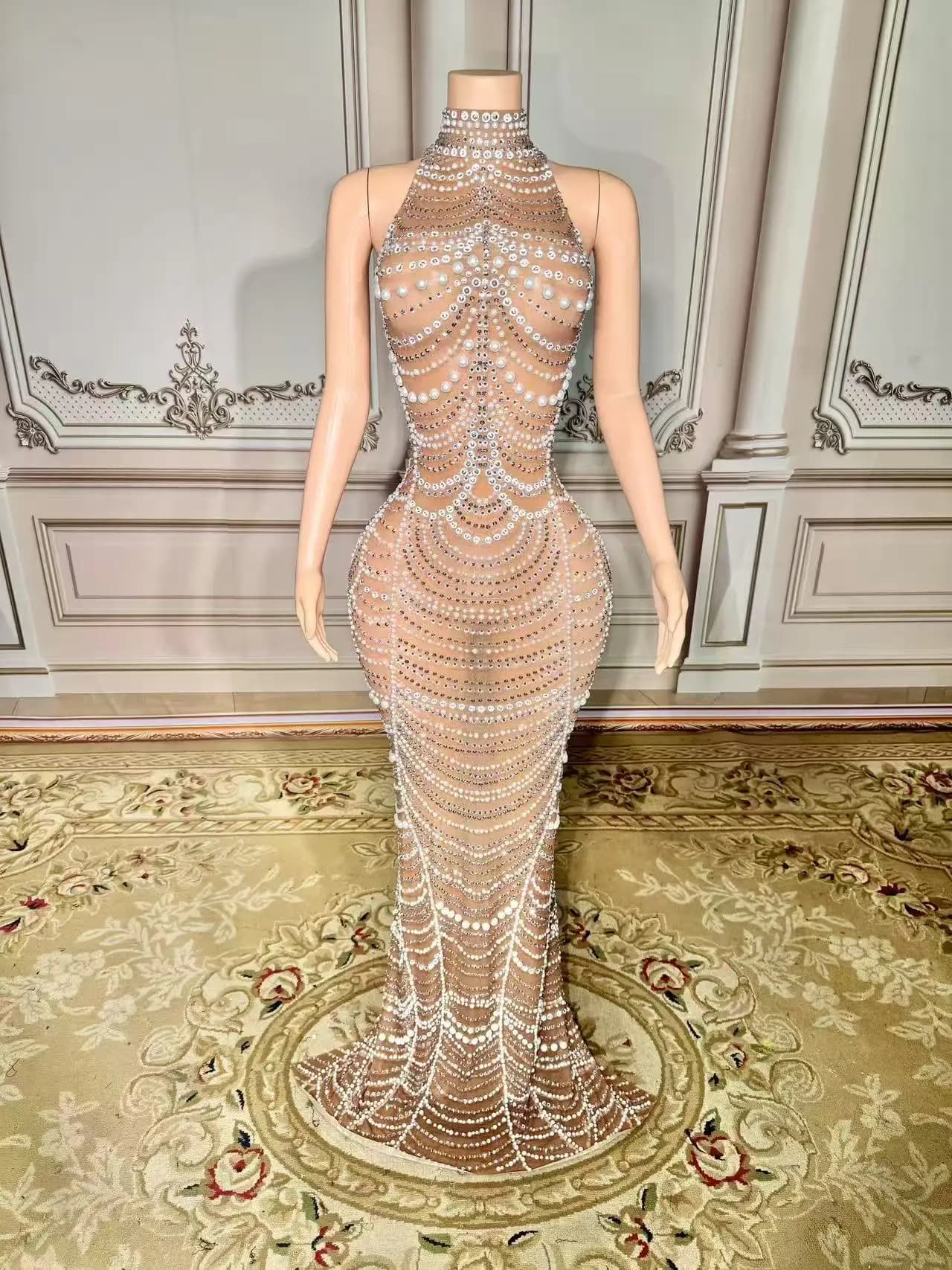 Cristalli di design alla moda Abito trasparente da sera Festeggia vedere attraverso il costume da spettacolo per festeggiare il compleanno in rete
