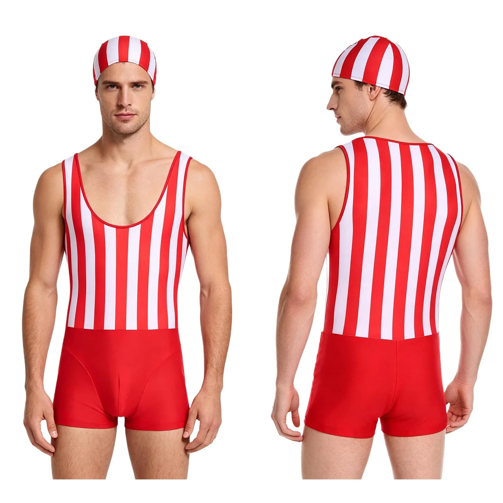 Costume da bagno intero da uomo a righe, ad asciugatura rapida, senza maniche, per palestra, allenamento, sport, fitness, body, spiaggia