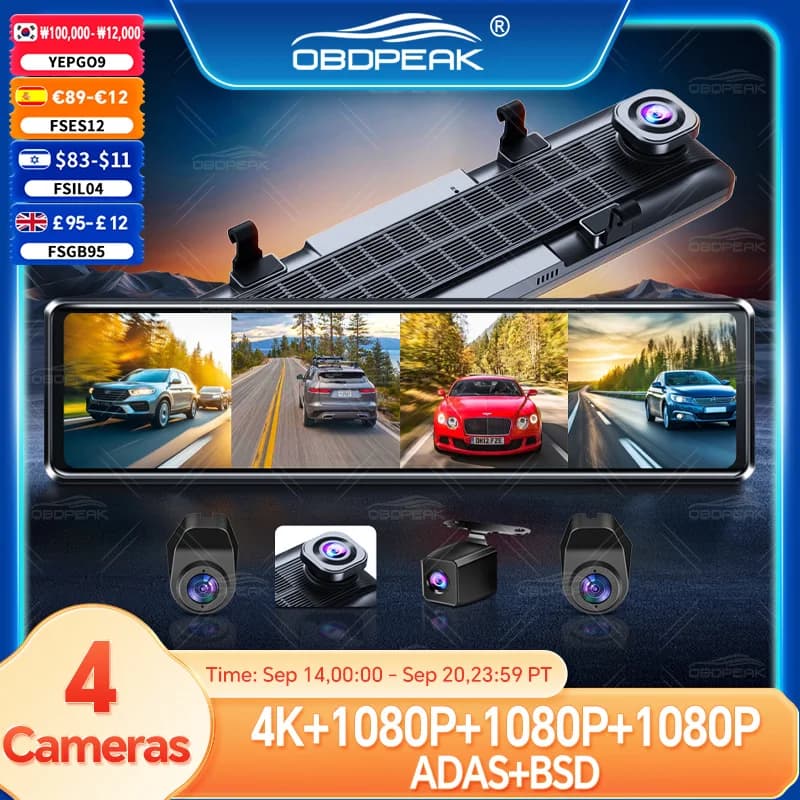 A8 4K Retrovisor mirror with Dash Cam, 4 Channels registration 1080P, ADAS, BSD, DVR Auto, WIFI, APP, UHD 2160P Camera, Parking 24H