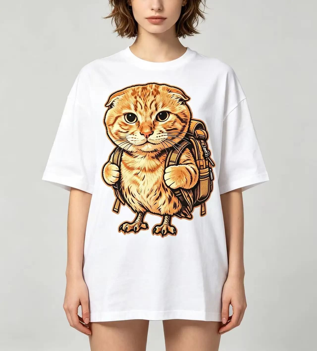 Unisex Cute Scottish Fold Cat With Backpack Graphic T‑Shirt Men Women Funny Pet Animal Oversized Cotton Short Sleeve Tee