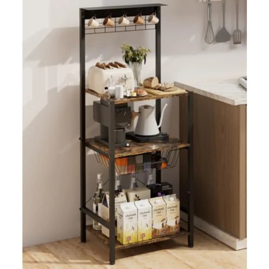 4 Tier Coffee Bar Station Corner Bakers Rack with 5 Hooks and Wire Basket Coffee Maker Stand for Small Space Kitchen Storage Sh