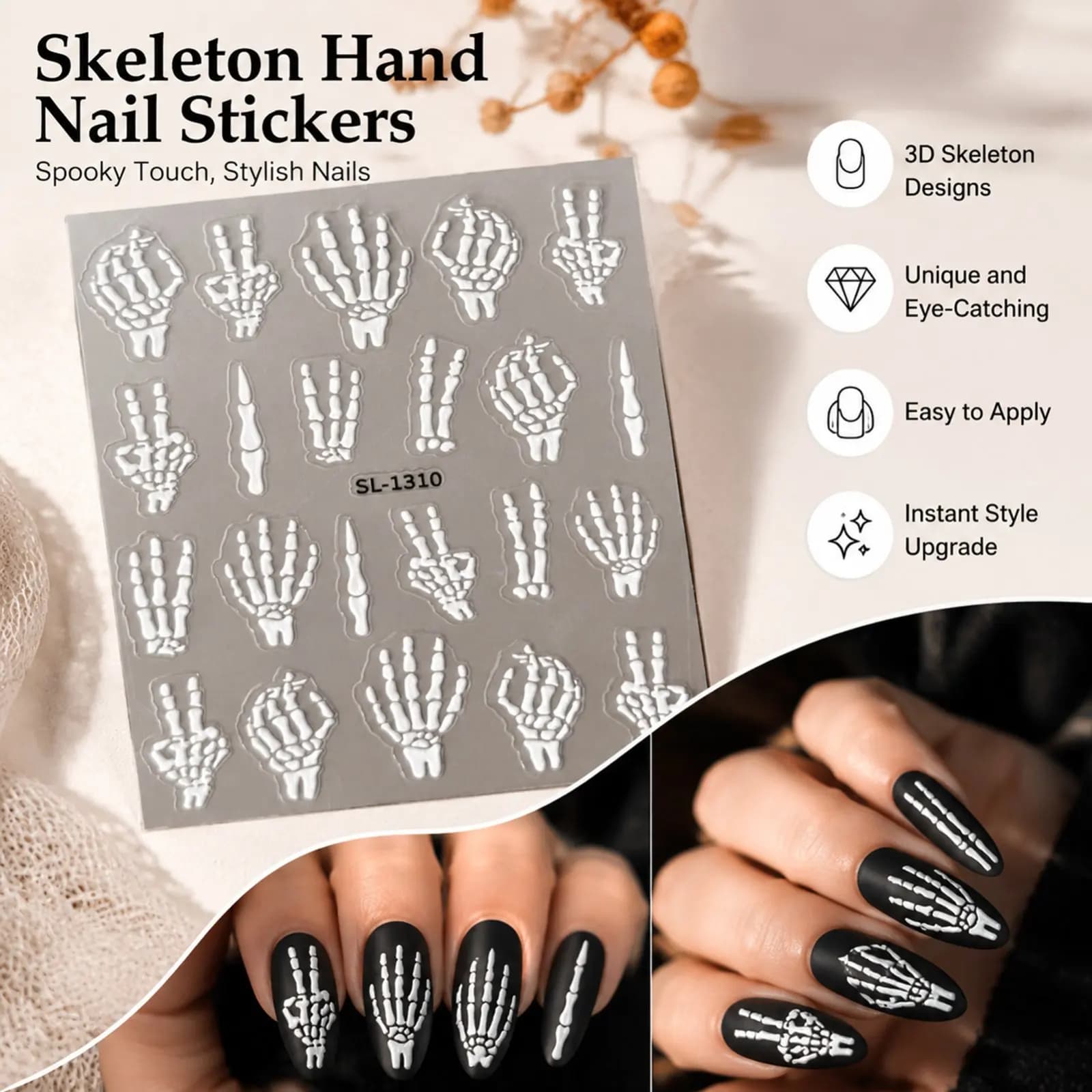 1 Sheet Nail Stickers PVC Material for Halloween Party Ghost Skeleton Spider 3D Embossed Art Decals Waterproof Durable