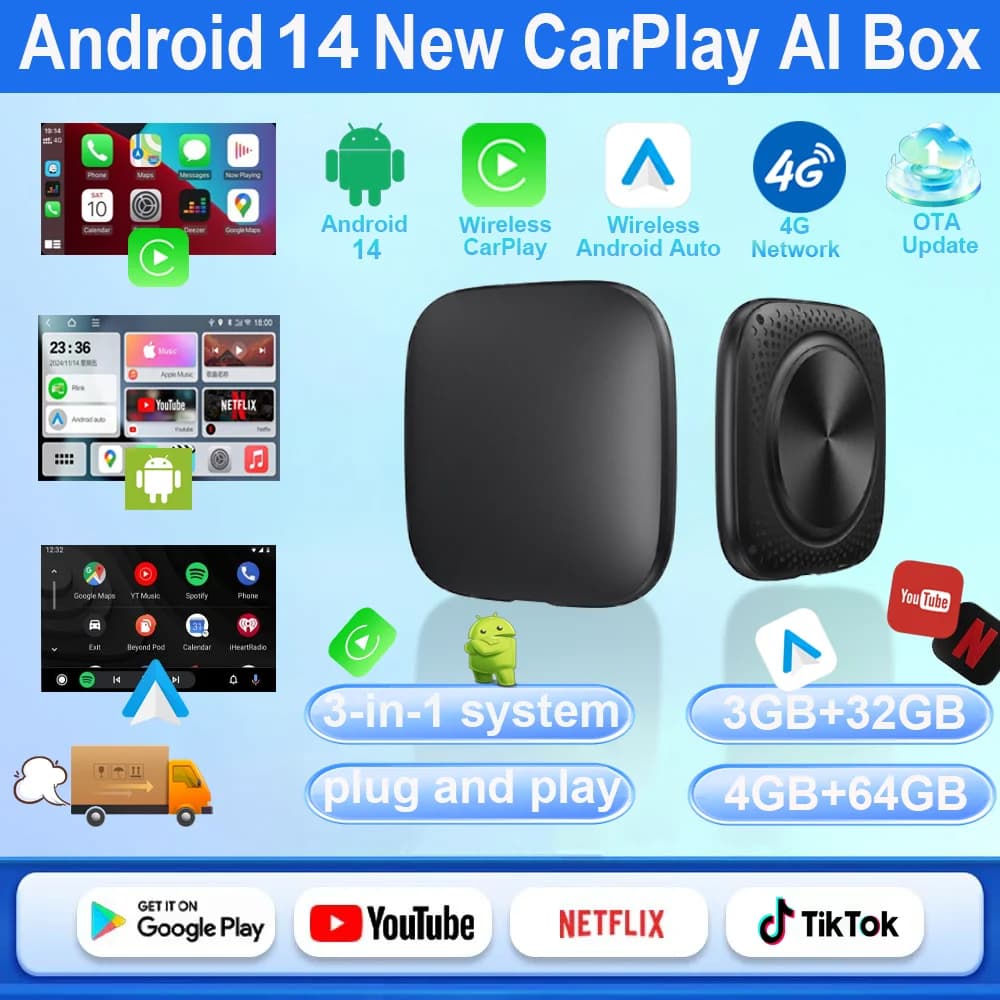 2025 Android 14 Car Adapter Android Wireless CarPlay Smart Box 3 in 1 supports YouTube, Netflix Plug-and-Play