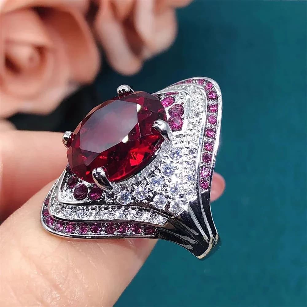 2026 New ring in red corundum by woman Super big zircone light luxury fashion jewelry shiny egg dove wholesale