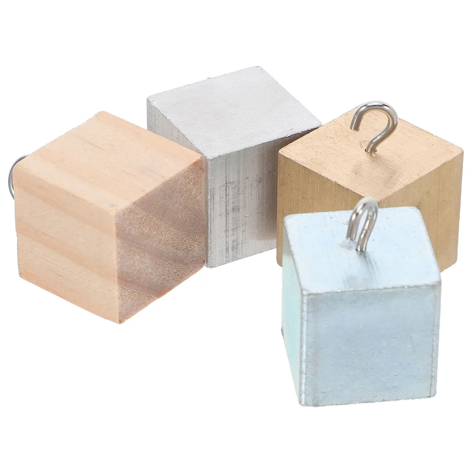 Set di 4 Cubi di Densità Scientifici in Ottone, Ferro, Alluminio e Legno con Bordo da 2 cm e Gancio per Esperimenti di Fisica e Insegnamento Scientifico