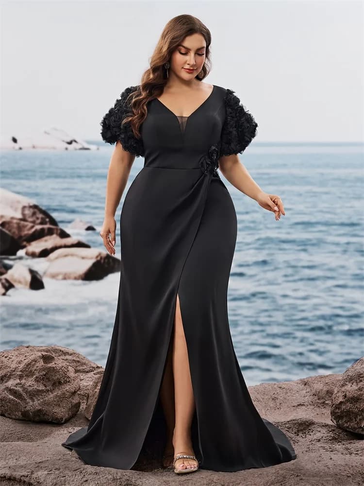 Plus Size Elegant Short Sleeves Satin Patchwork Formal Evening Dresses Luxury Slit Mermaid Party Maxi Cocktail Gowns