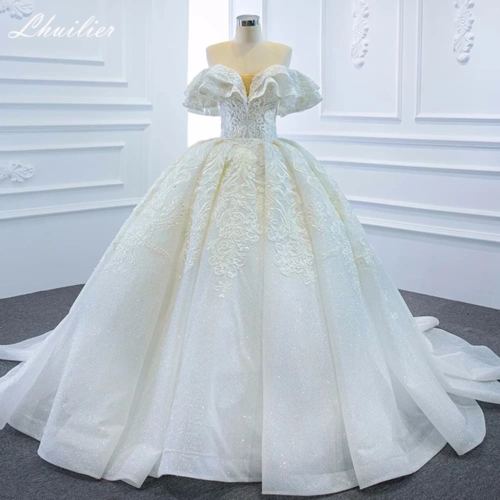 Lhuilier Customized Ball Gown Wedding Dresses Off the Shoulder Beaded Lace Bridal Gown with Chapel Train