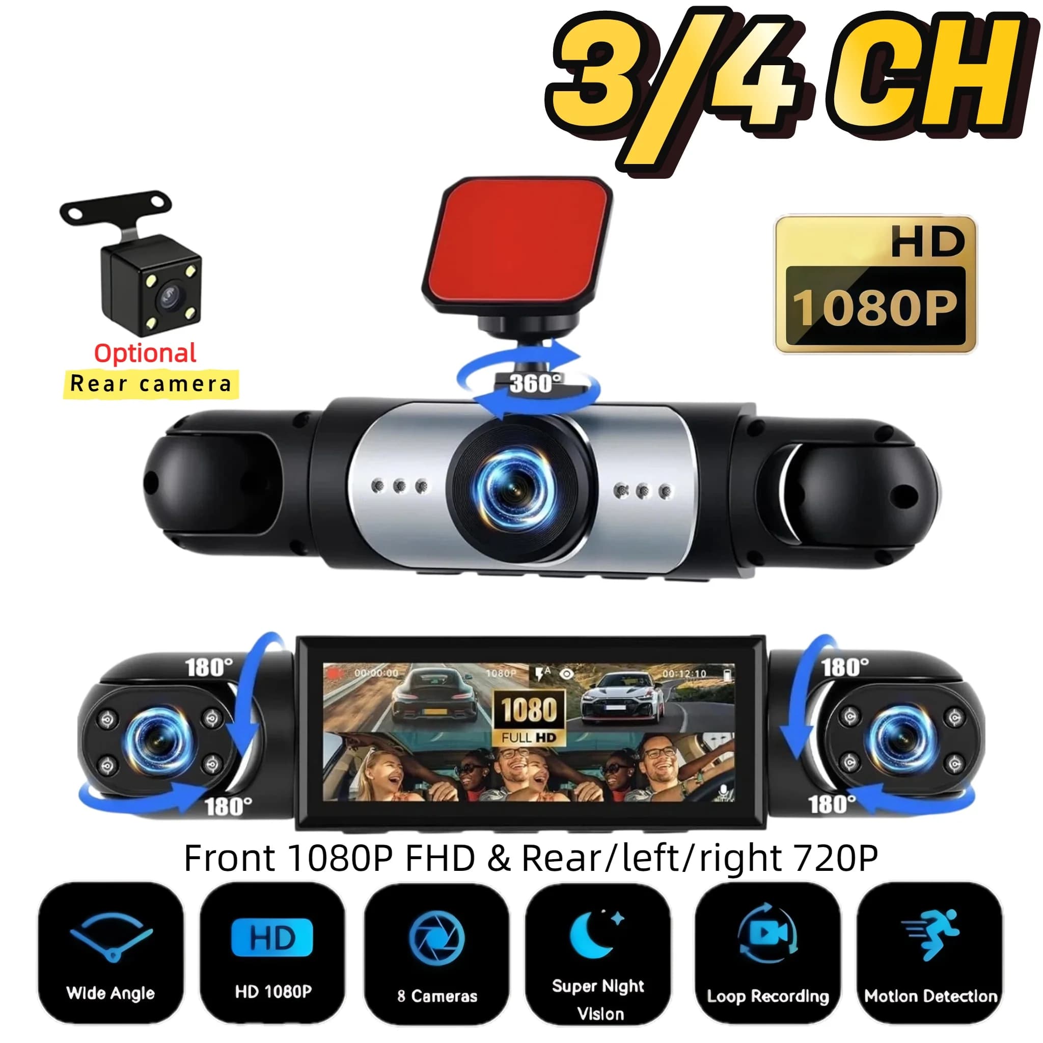 Dash Cam 1080P+720P a 3/4 Canali, Registrazione Sincronizzata Multi-angolo, Visione a 360° per Ridurre gli Angoli Ciechi del Veicolo